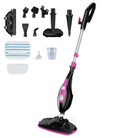 10-in-1 Steam Mop, 1550W Detachable Handheld Steam Cleaner for Floor Cleaning, 16FT Cord, 2 Washable Pads (Color: Black pink)
